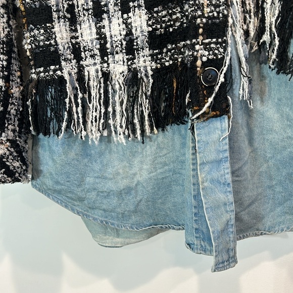 Charlie Luciano Tweed Patchwork denim Shirt shacket Black oversized medium top - Picture 3 of 9